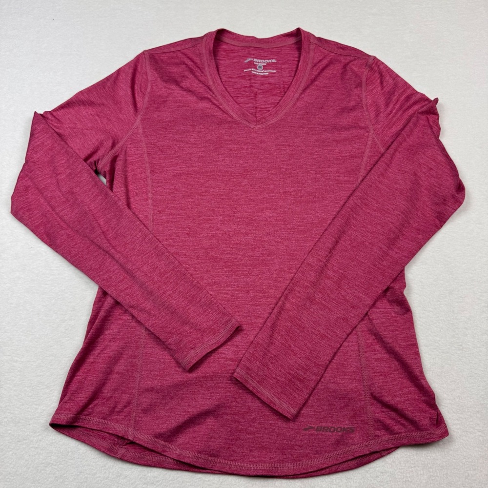Brooks Women's Long Sleeve Running Shirt M‎ Pink V-Neck Thumbholes